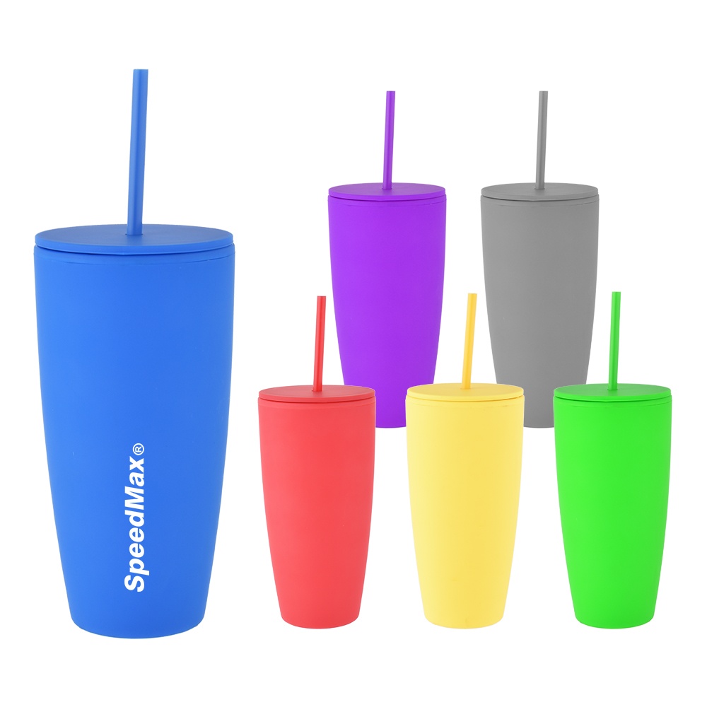 800ML Rubberized Double Wall Plastic Tumbler With Straw